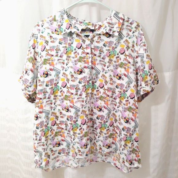 Nicole Miller Linen Summer Top Camp Shirt Button Down Colorful Beach Pattern XL - Picture 1 of 16